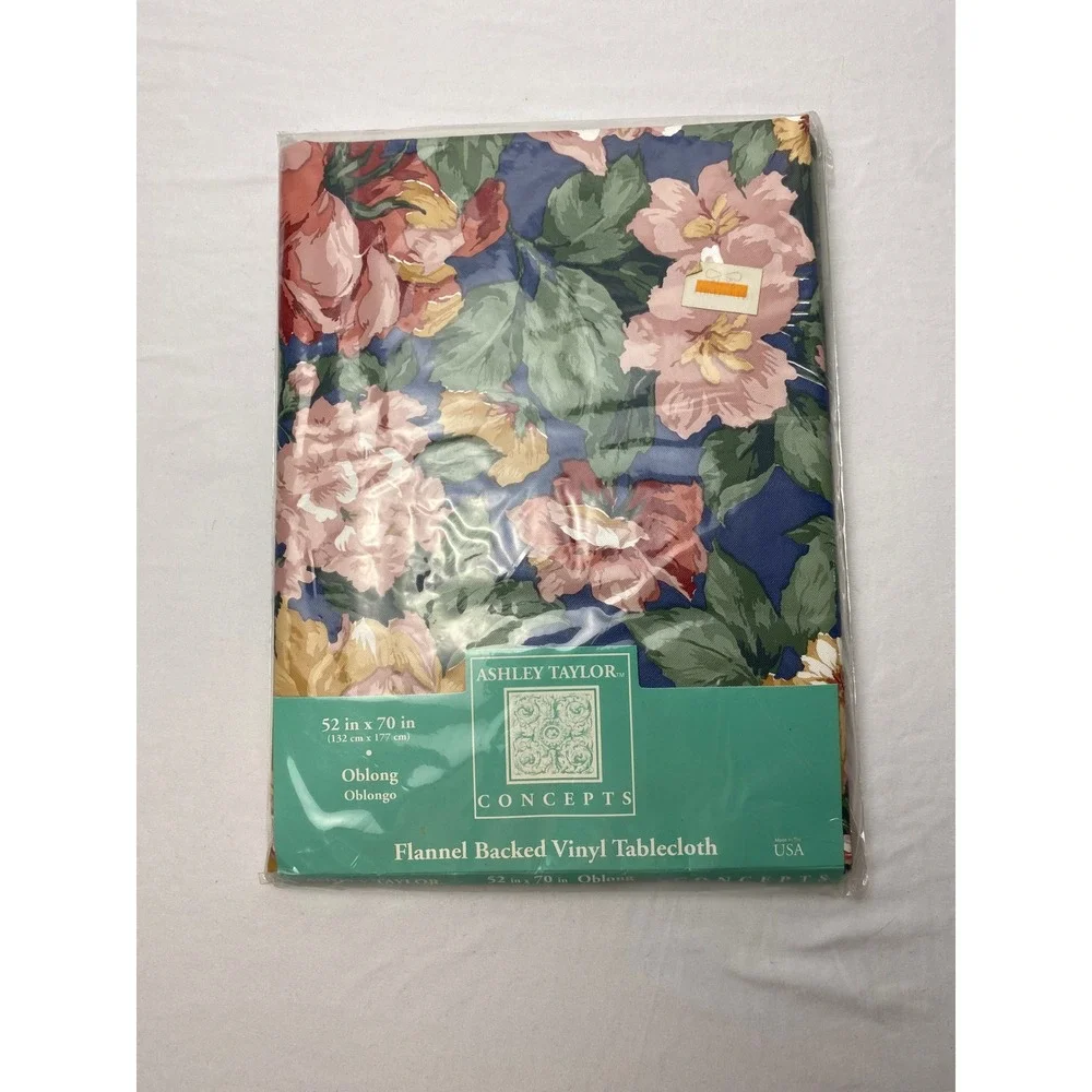 Ashley Taylor Concepts‎ Flannel Backed Vinyl Oblong Tablecloth Floral Blue 52x70